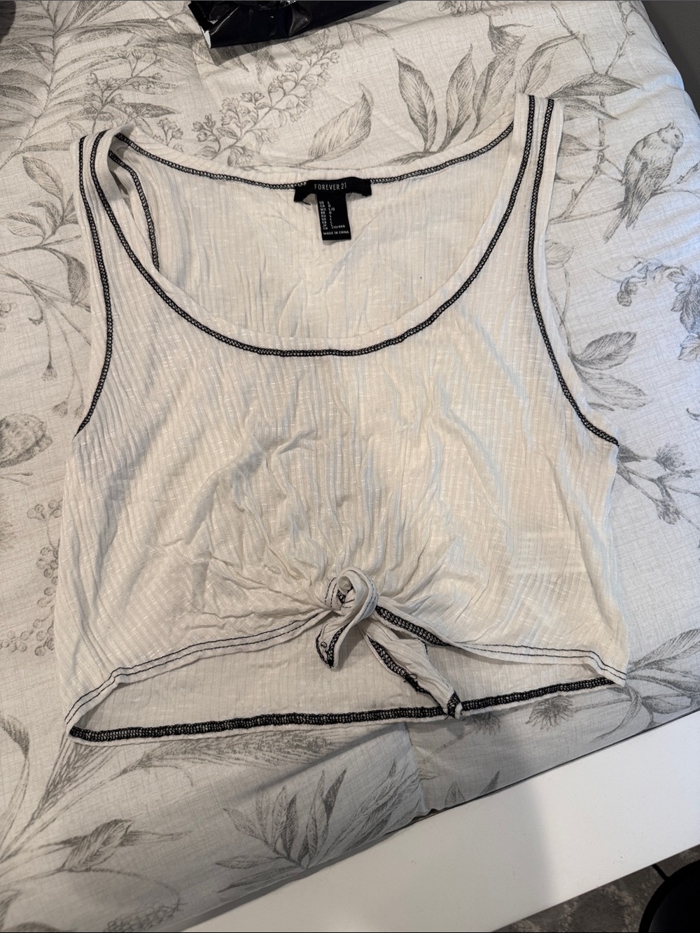 Forever 21 White Ribbed Tank with Black Contrast Trim and Front Tie